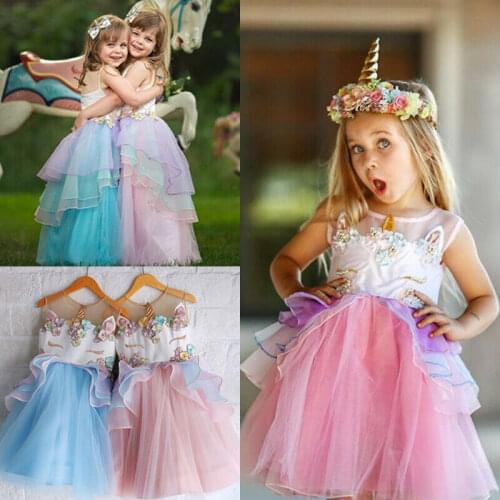 UK Baby Girls Princess Dress Unicorn Flower Sleeveless Toddler Kids Girl Chiffon Bridesmaid Party Formal Dress Summer