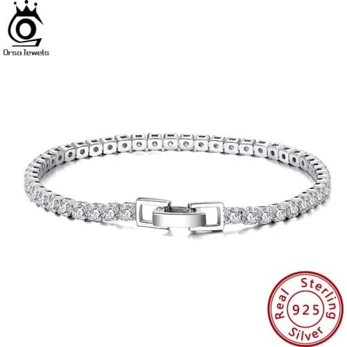 ORSA JEWELS 925 Silver Tennis Bracelet 3mm Zirconia Safety Buckle Sterling Silver Women Bracelets Bangle Jewelry Chain SB92