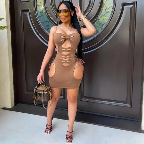 Hipster Spaghetti Strap Sexy Slim Fit Dress Women Sexy Hollow Out Backless Party Club Dress Summer Ruched Drawstring Mini Dress