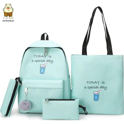 Beibaobao Backpack Women Canvas New Korean Style Backpack Cute Female Schoolbag 4set Backpack Fashion Women Backpack
