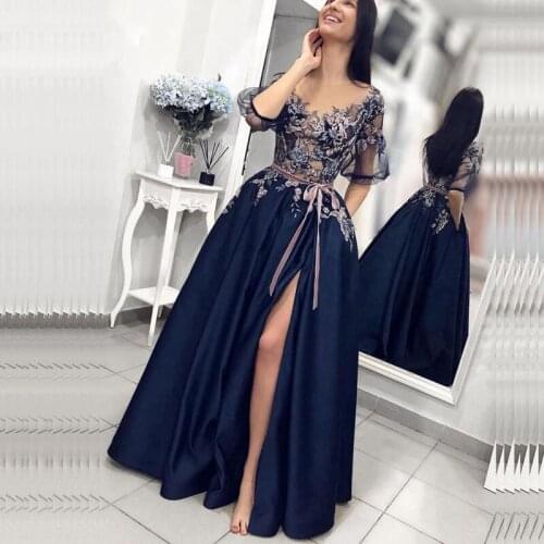 Sexy Arrival Navy Blue Embroidery Satin Evening dresses Long New Split Lace Evening gown with Pockets Party dresses