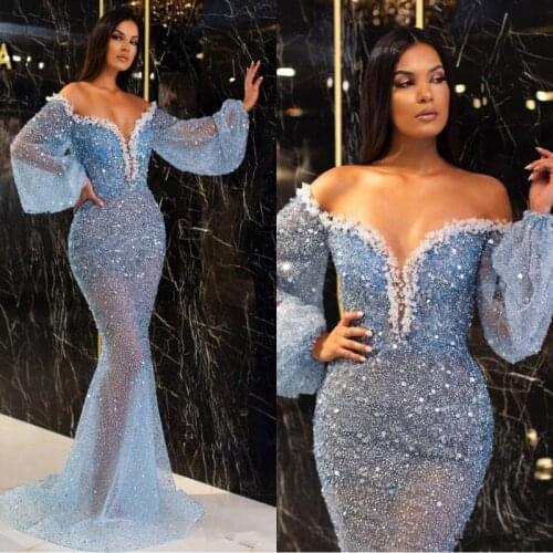 Blue prom dresses 2021 off the shoulder long sleeve sweetheart crystal mermaid long evening dresses gowns