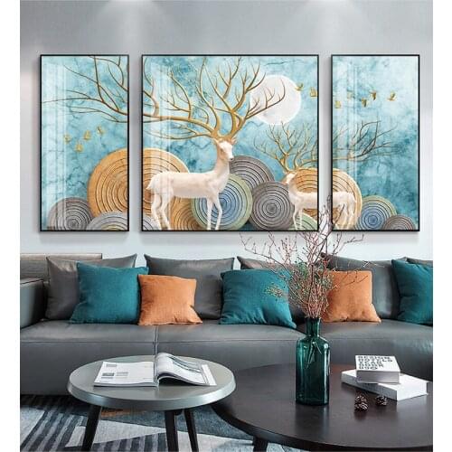 Modern simplicity Abstract new style Golden deer and Blue Background and Golden birds porch Living Room Decoration Canvas Art
