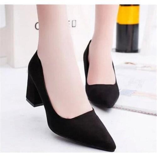 Thick High Heels Shoes Women Pumps Women Flock Slip On 7.5CM Pointed Toe Dress Sexy Party Wedding Office & Career Shallow Black