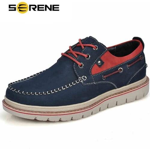 SERENE Brand Top Cow Genuine Leather Shoes Men High Quality Soft Boat Shoe Waxy Shoelace Casual Comfortable Mens Drive Footwear