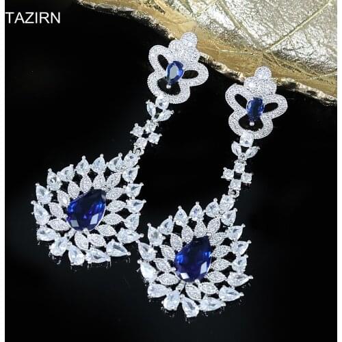 Luxury CZ Blue Dangle Earrings Cubic Zirconia Women Wedding Jewelry Accessories Tear Shape Blue Drop Earrings Party