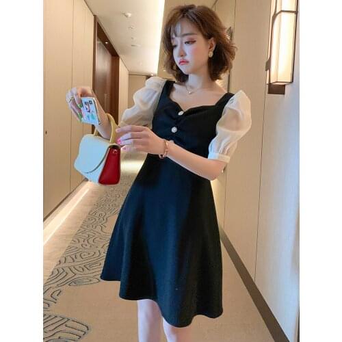 Top Quality Stitched mesh Vintage bubble sleeve sexy low V-neck New dress in summer