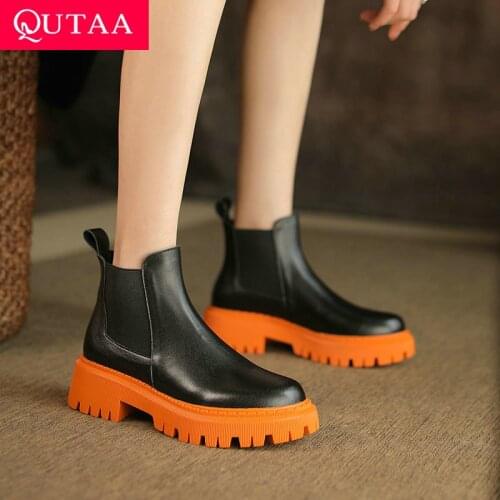 QUTAA 2022 Ankle Boots Fashion Round Toe Slip On Women Shoes Cow Leather Mixed Color Platform Ladies Short Boots Size 34-39