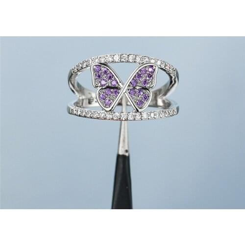 Female Cute Butterfly Purple Crystal Stone Pendant Ring Charm Vintage Black Gold Wedding Rings For Women Hollow Engagement Ring