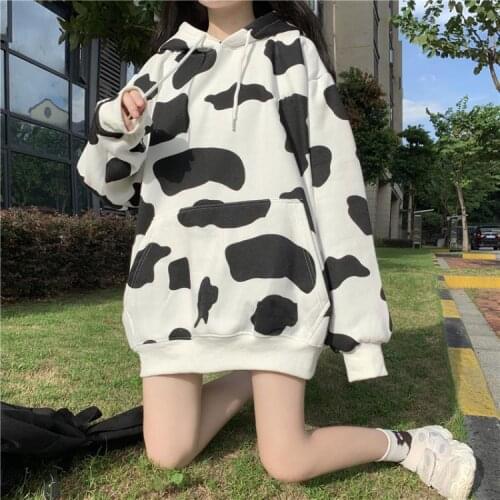 Oversized Hoodies Women 2021 Fashion Cow Print Long Sleeve Hoodies Autumn Winter Hooded Sweatshirt Casual Loose Pullovers Female