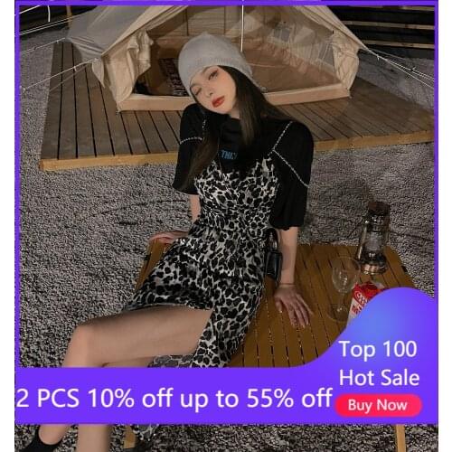 2 Pieces Sets For Women Midi Long Leopard Print Suspender Dress + Letter Embroidered Short Sleeve T Shirt