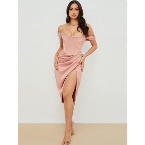 High Quality Satin Bodycon Dress Women 2021 Pink Off Shoulder Dress Sexy Party Bodycon Dress Celebrity Evening Club Dress Lined