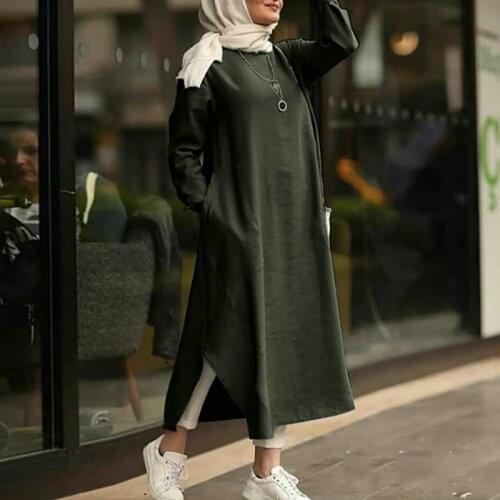Womens Long Muslim Dress Casual Abaya Hijab Dresses Women Eid Turkey Dubai Vintage Split Pocket Long Sleeve Dress Solid Vestido