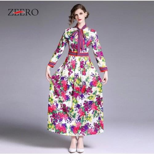 2021 Summer Autumn Women Long Dress Flower Pattern Print Elegant Striped Bow Collar Maxi Runway Ladies Pleated Dress Vestidos