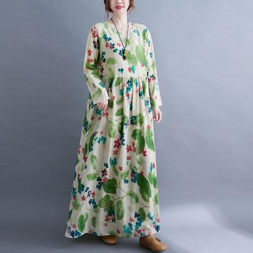 Dress Women Printed Floral Long Sleeve O-neck Cotton Linen Dress Spring Autumn Female Elegant Dress Robe