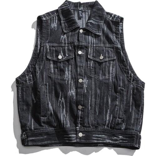 Spring Autumn Vintage Washed Denim Jacket Vest Men Ripped Casual Loose Oversized Sleeveless Coat Street Black Waistcoat 2021