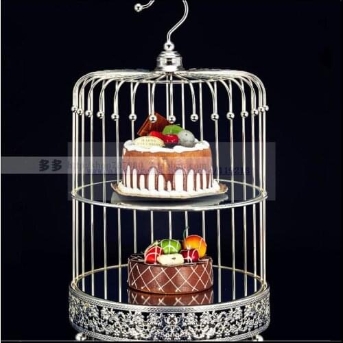 1PCS Silver double-layer mirror bird cage cake stand afternoon tea snack rack tea break dessert rack