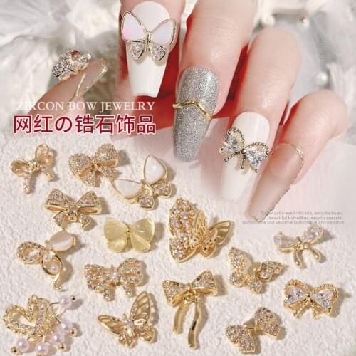 5pcs Luxury Bowknot Flower Chain Zircon Crystal Rhinestone Pearl Nail Art Jewelry Decoration Butterfly Pattern Nail Decoration