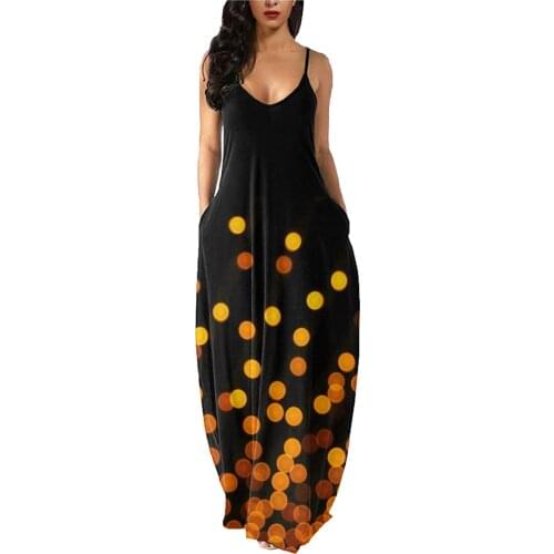 Bohemia Beach Summer Women Dress Sleeveless Light Dots Print Pockets Loose Maxi Casual Dresses Female Sexy Cami Dress Vestidos