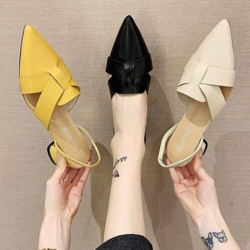 2021 Summer Women Sandals Pointed Toe Mules Weave Med Heels Pumps Black Sexy Yellow Slippers sandalias mujer Slingbacks 9022G