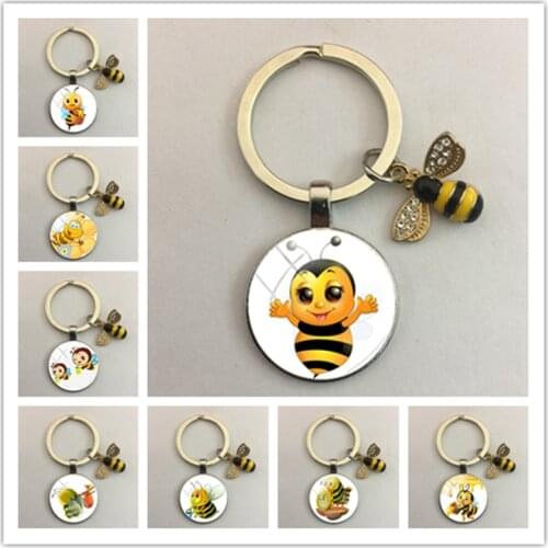 Cute hardworking bee keychain fashion geometric honeycomb bee 3D printing glass dome key ring chain bumblebee trinket