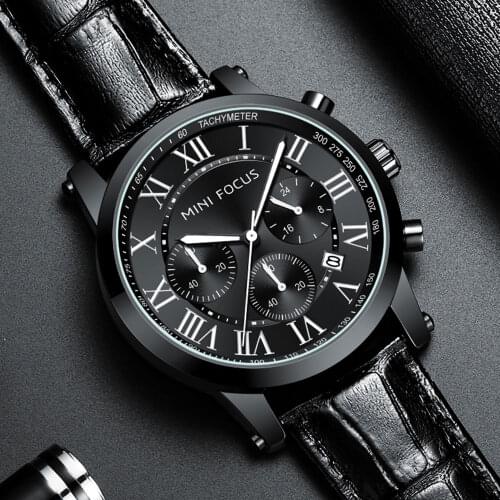 MINI FOCUS Leather Strap Watch for Men Casual Quartz Watches Fashion Sport Chronograph Wristwatch relogio часы reloj montre