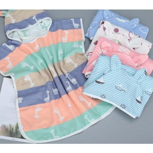 Baby Cape Towel Beach Towel 6 Layers Cotton Gauze Hooded Kids Cape Poncho Cartoon Printed Breathable Absorbent Infant Blanket