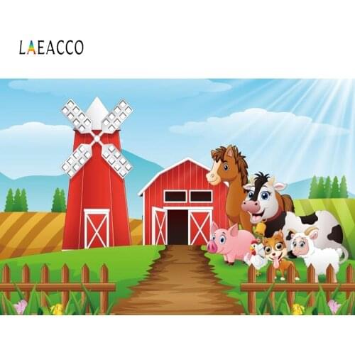 Laeacco Baby Birthday Photophone Farm House Animals Windmill Fence Road Photography Backdrops Children Party Photo Backgrounds