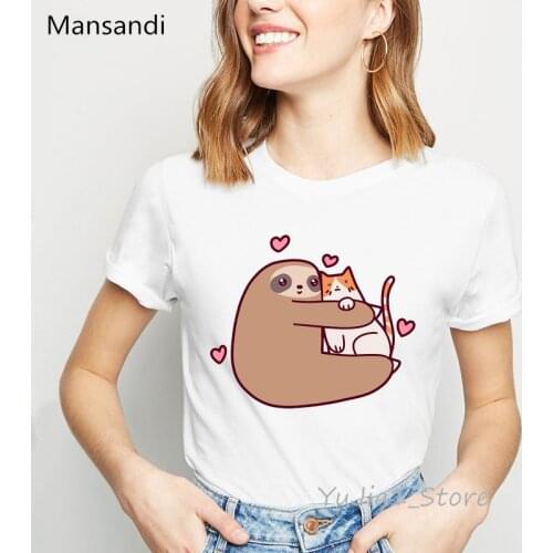 Sloth love cat print t-shirt women clothes 2021 funny t shirts camiseta mujer harajuku shirt tumblr tops tee shirt femme