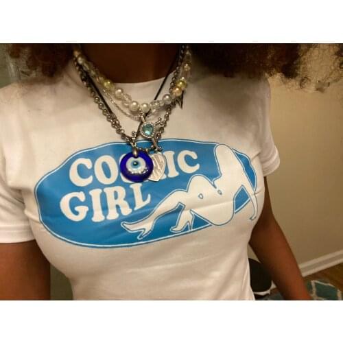 Fashion T-shirt White Cosmic Girl Pattern Print Streetwear Tee Sweet Short T-shirts Summer Harajuku Swag aesthetic Y2K Tees Tops