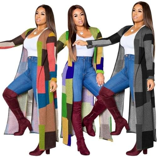 Hot Selling Women Contrast Color Patchwork Long Coats Street Wear Ladys V-neck Full Sleeve Ankle-Length Straight Cardigan