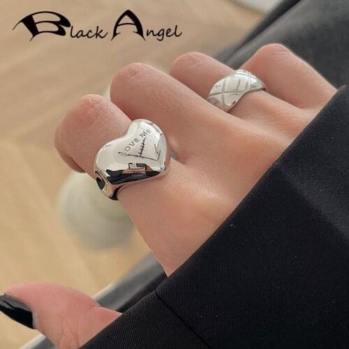 BLACK ANGEL 925 Sterling Silver Heart Rings Vintage Fashion Temperament Letter Hiphop Open Index Finger Ring Jewelry Gifts