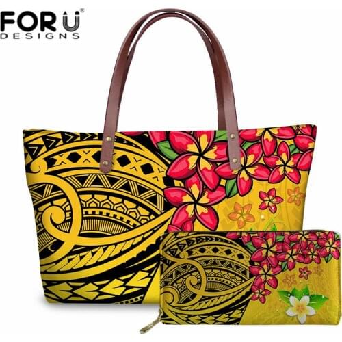 Colorful Plumeria Women Totes Bag Hawaiian Style Flower Polynesian Pattern Printing Large PU Ladies Shoulder Handbags Wallet Set