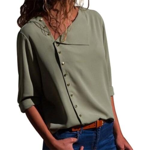CHSDCSI Summer Office Blusas Button Tops Work Wear Blouse Long Sleeve V-Neck Elegant Ladies Shirts Spring