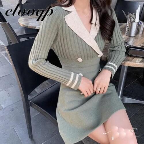 New Women Long Sleeve Sweater Dress Female Elegant Double Breasted Casual Autumn Winter Dress Women A Line Mini Knitted Dresses