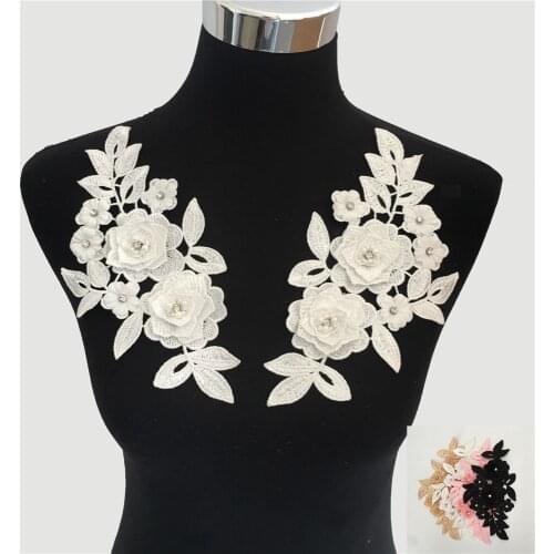 New arrive 3D flower Embroidery Applique Lace Collar Neckline ABS pearl DIY Rhinestone Lace Fabric Sewing Dresses Accessories