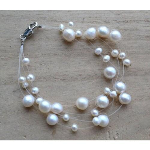 New Arriver Pearl Jewellery,5Rows Natural Freshwater Pearl Bracelet,7inches 5-8MM White,Perfect Girl Wedding Birthday Party Gift