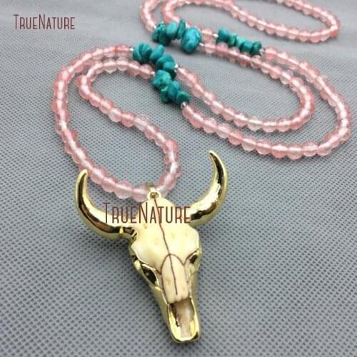 Wholesale New Design Resin Buffalo Pendant Boho Chic Necklace Pink Crystal Mix Green Jaspers Stone Necklace In 32 Inch NM4307