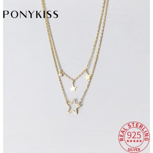 PONYKISS Trendy S925 Sterling Silver Double Layer Stars Teassl Chokers Necklace For women Fine Jewelry wholesale Accessory