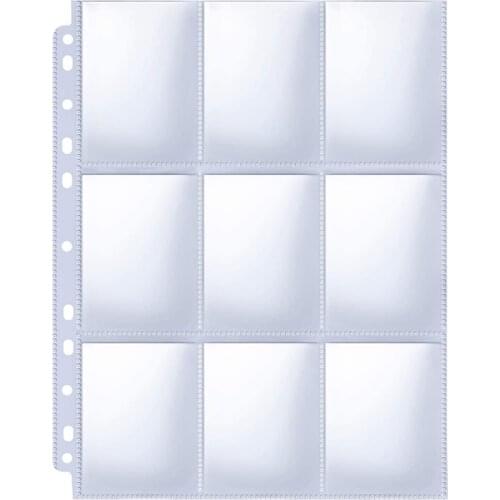 Trading Card Sleeve Pages, 100 Pack 9 Pocket Trading Card Storage Album Pages 11 Holes Fit 3 Ring Binder