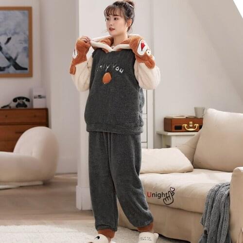 5XL Autumn Winter Warm Flannel Women Pajamas Sets Thick Coral Velvet Long Sleeve Plus Size Cartoon Sleepwear Thin Pyjamas Set