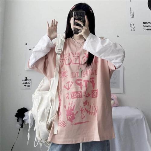 Early Autumn Korean Version Of Japanese Alphabet Graffiti Printing Stitching Fake Two Loose Long-sleeved T-shirts For Female