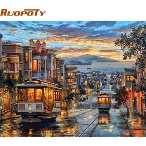 RUOPOTY Frame City Night Bus Diy Oil Painting By Numbers Landscape Modern Wall Art Canvas Painting Unique Gift Wall Artwork