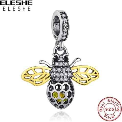 5PCS Wholesale ELESHE S925 Silver Vintage Bee Bead Charm Fit For Women Original Bracelet DIY Jewelry Making Gift