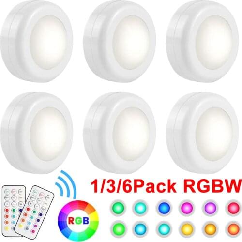 Battery Powered LED Cabinet Light RGBW Puck Lights Wireless Closet Light Remote Control Bedroom Night Lights Kitchen Lighting