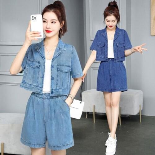Thin Shorts Sets Soft Jeans Two Pieces Sets Women Clothing Summer Korean Style Loose Slim Cropped Blazer & Elastic Waist Shorts