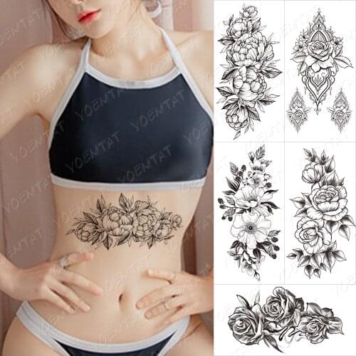 Waterproof Temporary Tattoo Sticker Orchid Flower Tattoos Peony Lotus Lines Painted Rose Body Art Arm Fake Sleeve Tatoo Women