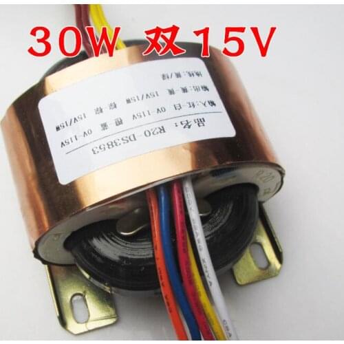 30W High Quality R-Core Transformer Input AC 0-110V*2 SCN(5 wires) Output AC 15V+15V(0.6A, 2 wires), AC 15V+15V(0.4A, 2 wire