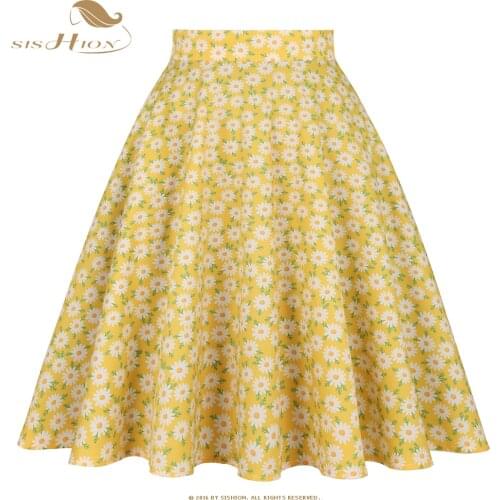 SISHION Yellow Little Daisy Floral Printed Women Skirt VD0020 Vintage Casual High Waist A Line jupe femme Flare Summer Skirts