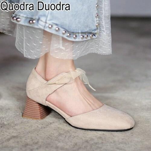 New shoes Womens Pumps thick high heels shoes summer Chunky round toe Flock lace Females Big Size 33-45 fashion plus size 45 42